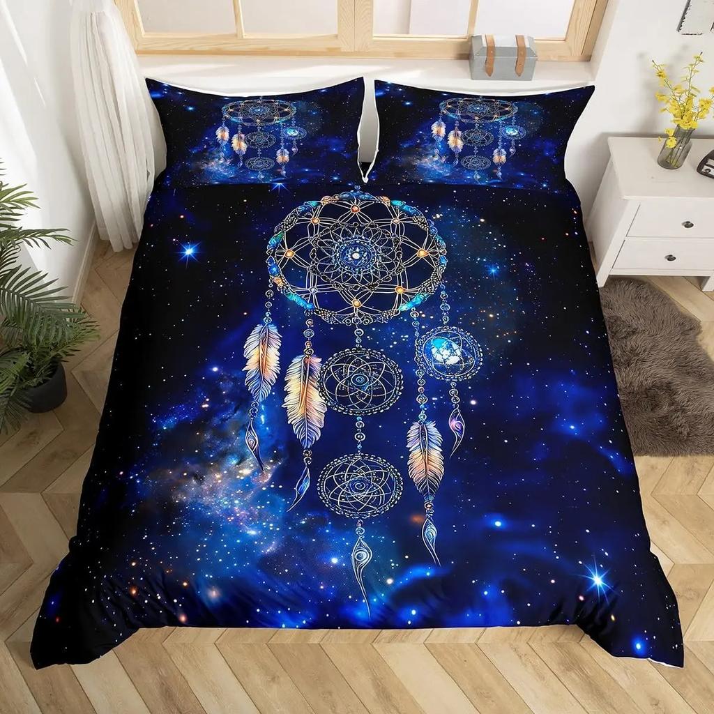 Conjunto de Cama Apanhador de Sonhos Boho Mandala Capa de Edredom Solteiro King, Capa de Edredom Exótica Tribal Pena Céu Estrelado Galáxia