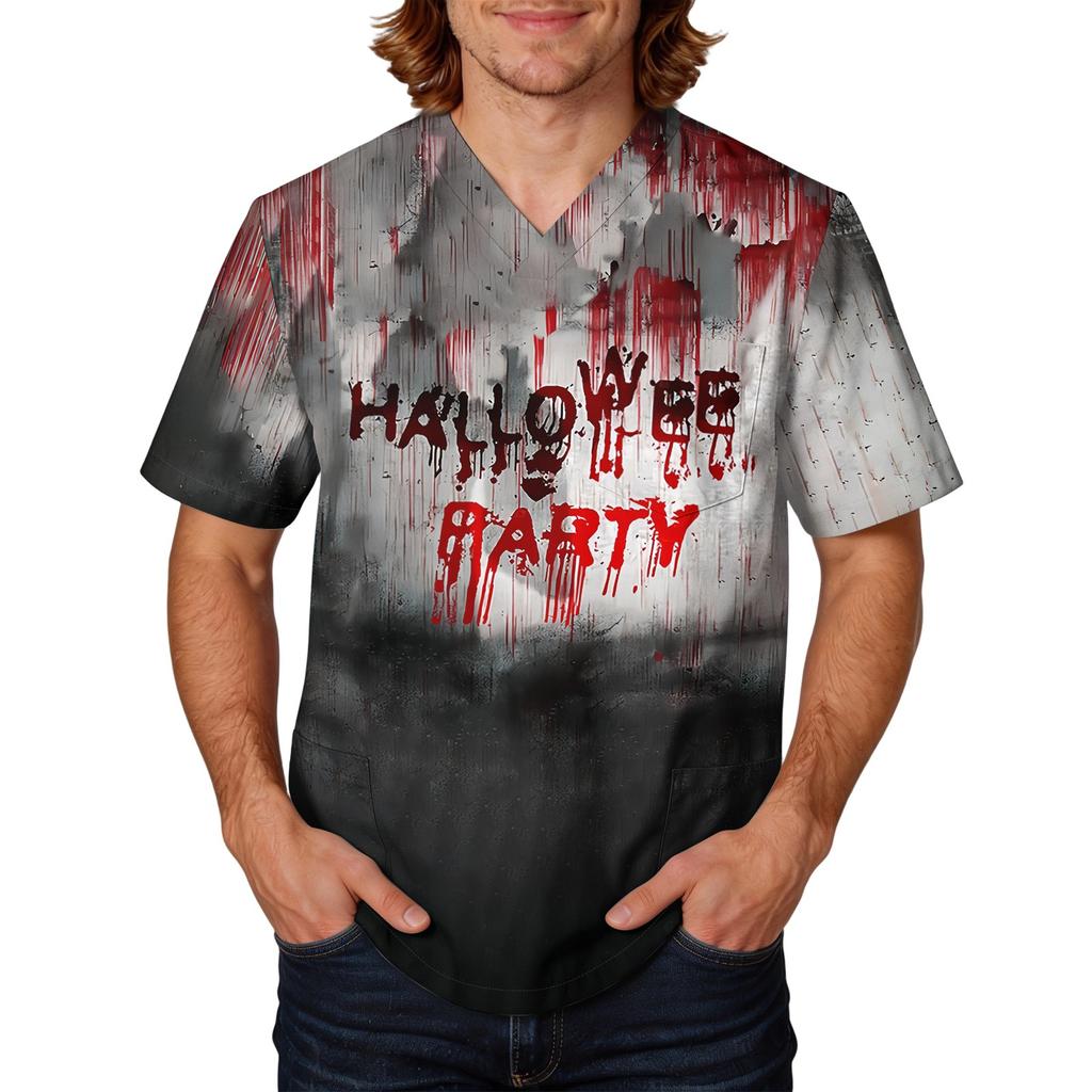 Men's Halloween Print Scrub Top - V-Neck Short Sleeve with Pocket Uniform Work Shirt