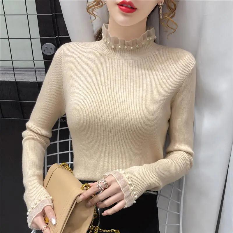 Elegant Women Semi-turtleneck Pullover Sweater New Fashion Casual Bottoming Shirt Autumn Winter Long Sleeve Top Beaded Ruched Sweaters Clothes 2582