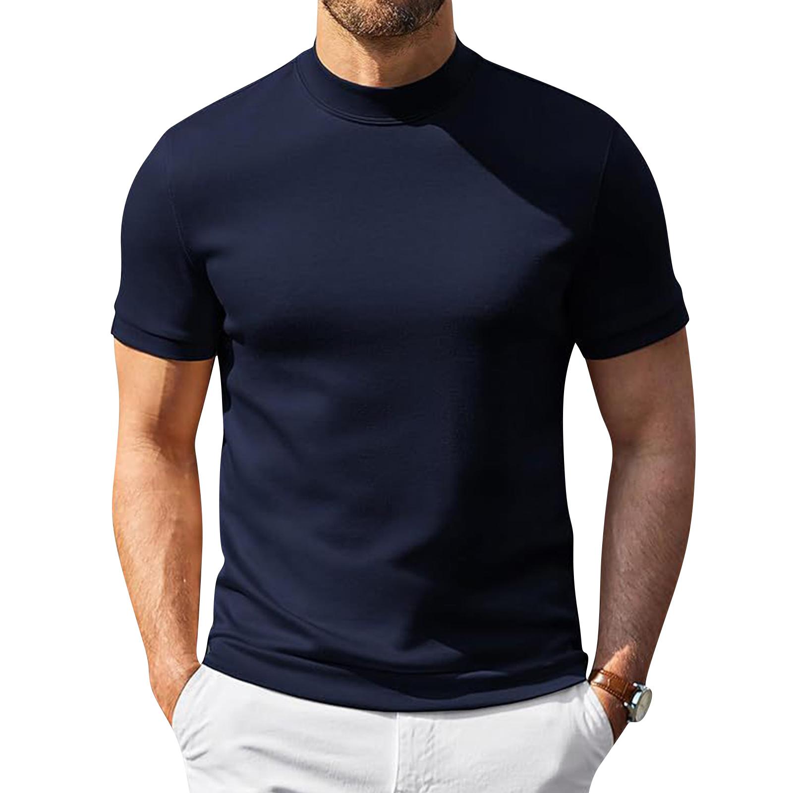 Heima C Heren Korte Mouw Turtleneck T-shirt Lichtgewicht Ademend Stretch Pasvorm Basislaag Top voor Casual en Actieve Kleding L donkerblauwe kleur