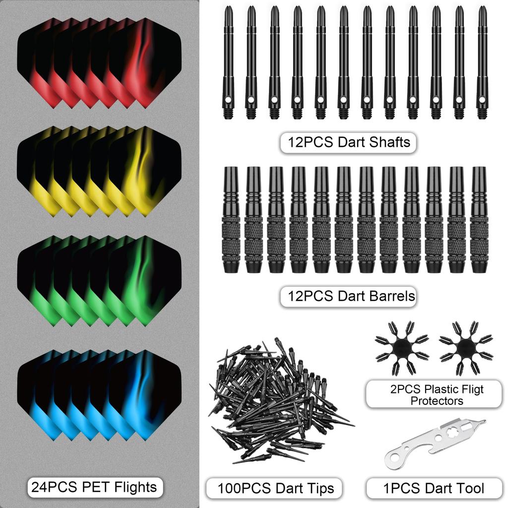 WAYARRIVAL Soft Dart Set 19g x 12 Compatible with electronic dartboards Includes 24 flights 100 plastic tips Premium aluminum shaft flight protector