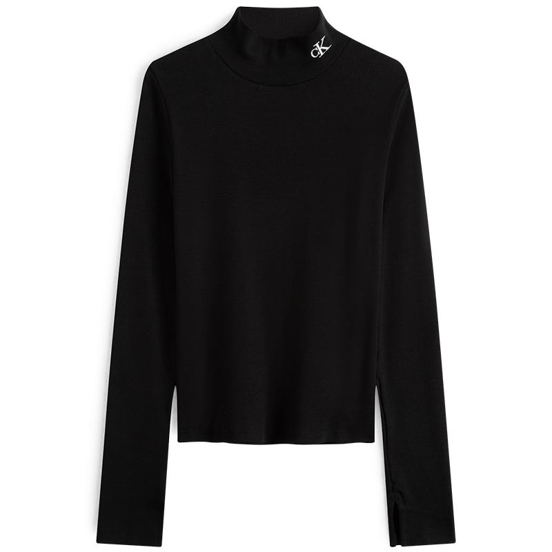 

Calvin Klein Осенняя Повседневная Минималистичная Футболка с Вышивкой Букв, Удобная с Воротником-стойкой и Длинным Рукавом, Женские топы, Космически-черный ZW02313BEH XS