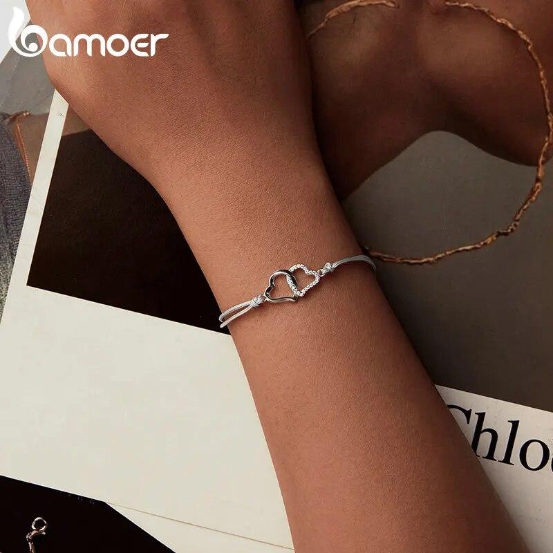 BAMOER Personalized Heart To Heart Bracelet 925 Sterling Silver Dainty Gray Rope Link Chain Bracelet for Women Teen Girls