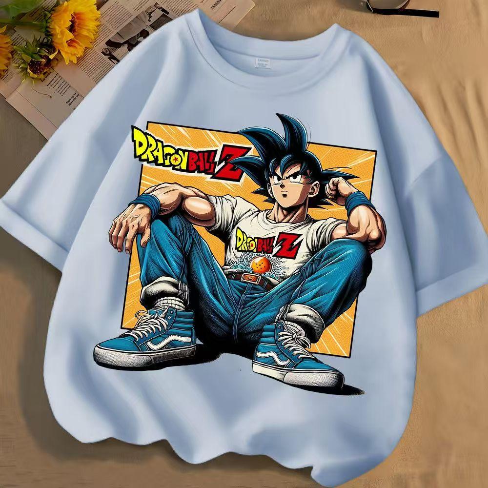 Summer Unisex Pure Polyester Crew Neck T-shirt, Dragon Ball Goku Comic Print,Loose Short Sleeve Tops for Middle and Older Children