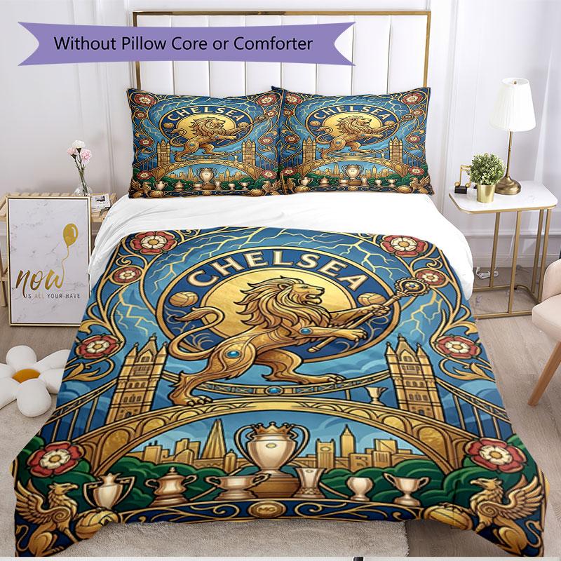 3-teiliges Bettbezug-Set (1 * Bettbezug + 2 * Kissenbezug, ohne Kern), Chelsea Football Club Druck Weiches Ganzjahres-Bettwäscheset, Heimschlafzimmer-Dekoration Geschenk