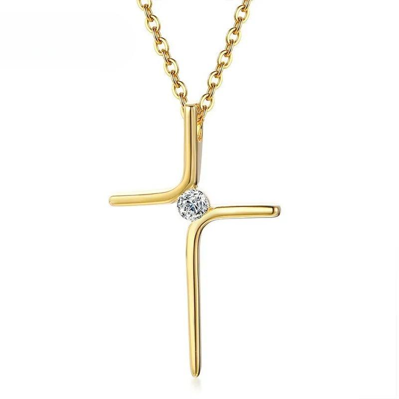 Cubic Zircon Cross Pendant Women Necklace Stainless Steel Charm Stone Dainty Christian Jewelry Wholesale золотой