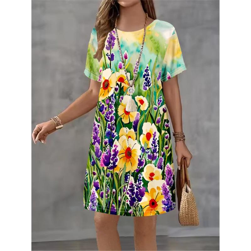 Women's Summer Flower Printed Short Sleeve Round Neck Dress 2025 Fashion New Style Design Sense Elegant Women's Mini Dress