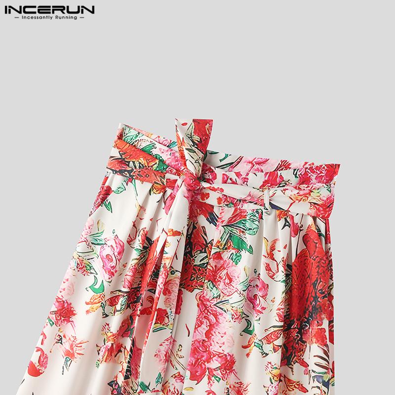 INCERUN Bohemian Men Floral Print Summer Pants Beach Holiday Wide Leg Trousers