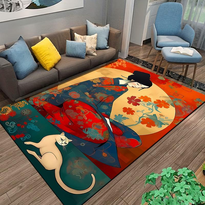 Area Rug Geisha Kimono Cat Red Orange Japanese Ukiyo-e Art Decor for Living Room Bedroom Gift for Women
