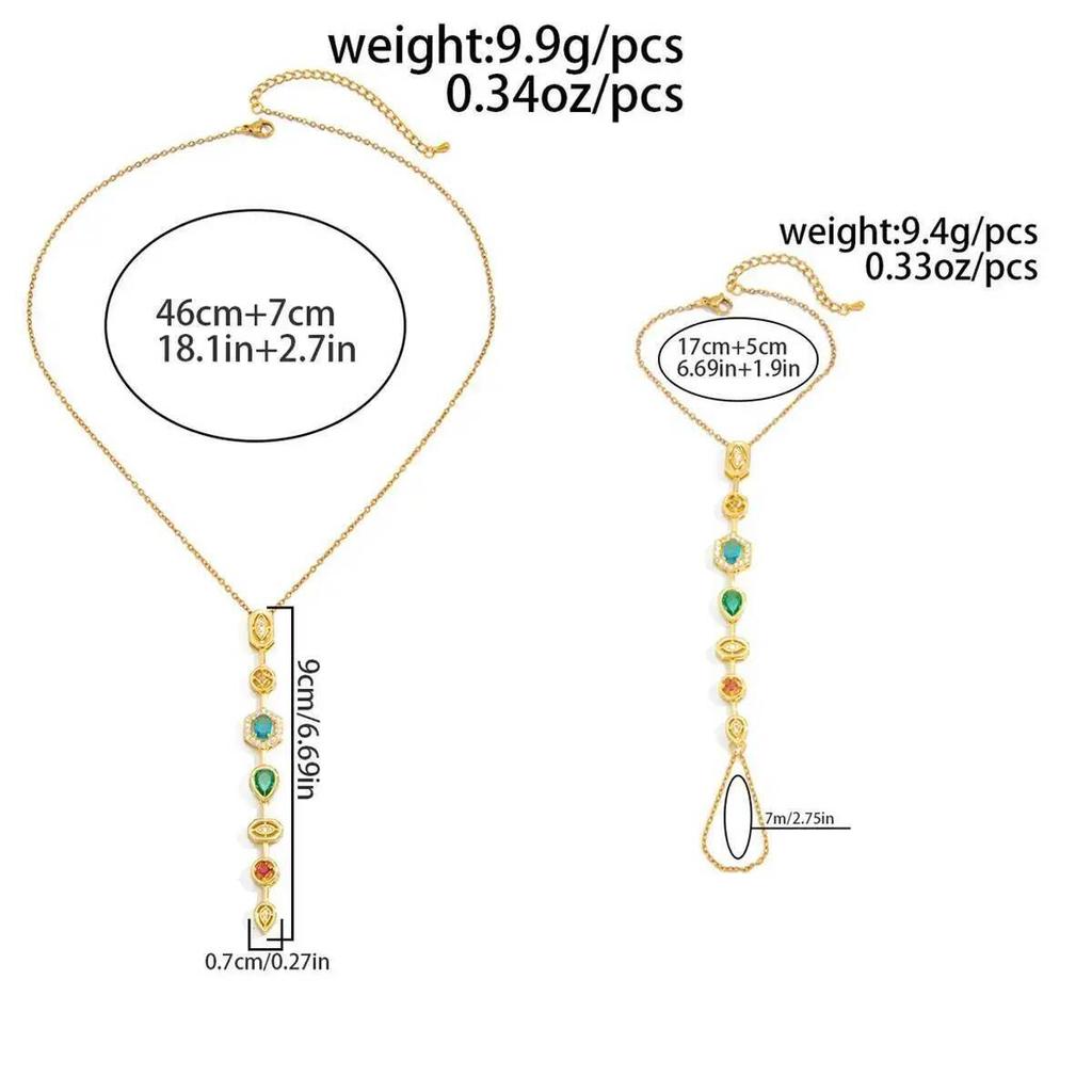 SHIXIN Stainless Steel Colorful Rhinestone Necklace Connected Finger Ring Bracelets Set Wome Exquisite Daily Jewelry Accessories