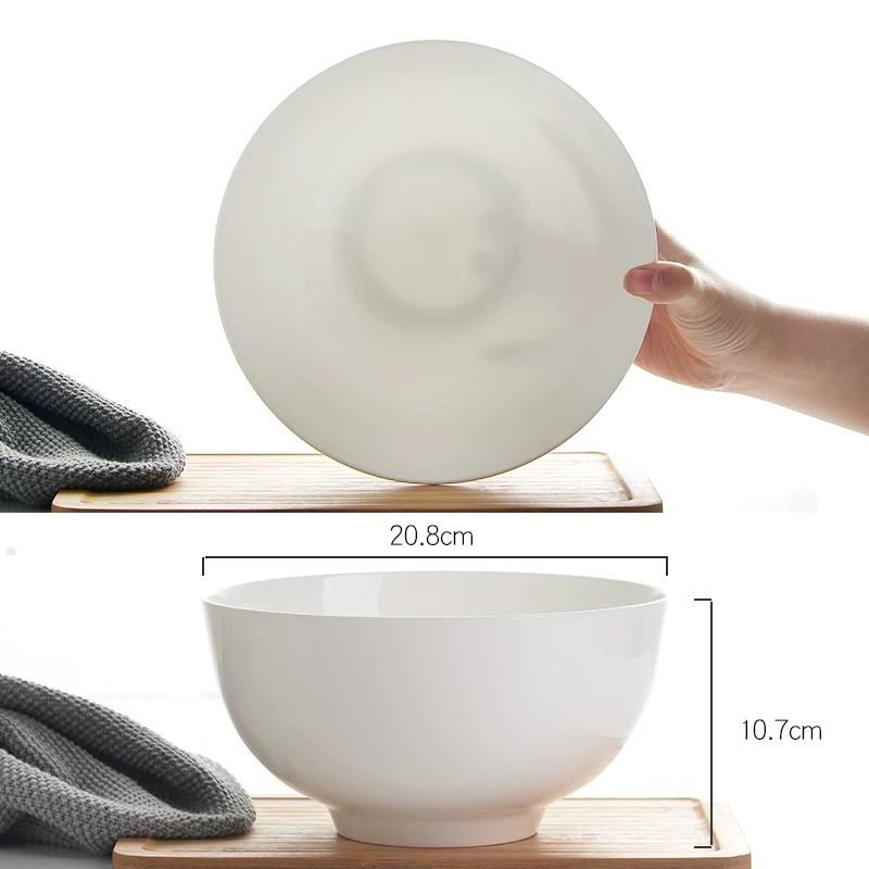 8 Inch, Plain White Bone China Big Mixing Bowl for Dinner Servies, Ceramic Dinner Salad Bowl, Japanese Ramen Noodle Bowl