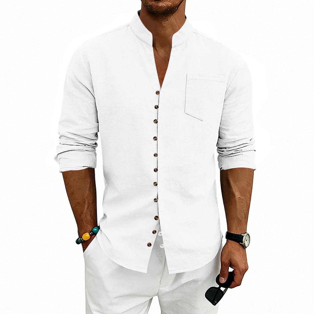 Mens Casual Stand Collar Button Long Sleeve Linen Shirt For Spring Autumn S белый