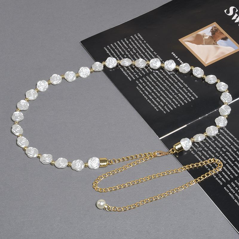 

Сладкая бисерная жемчужная женская тонкая металлическая поясная цепочка с декоративной цепочкой для юбки, узкий пояс для девочек