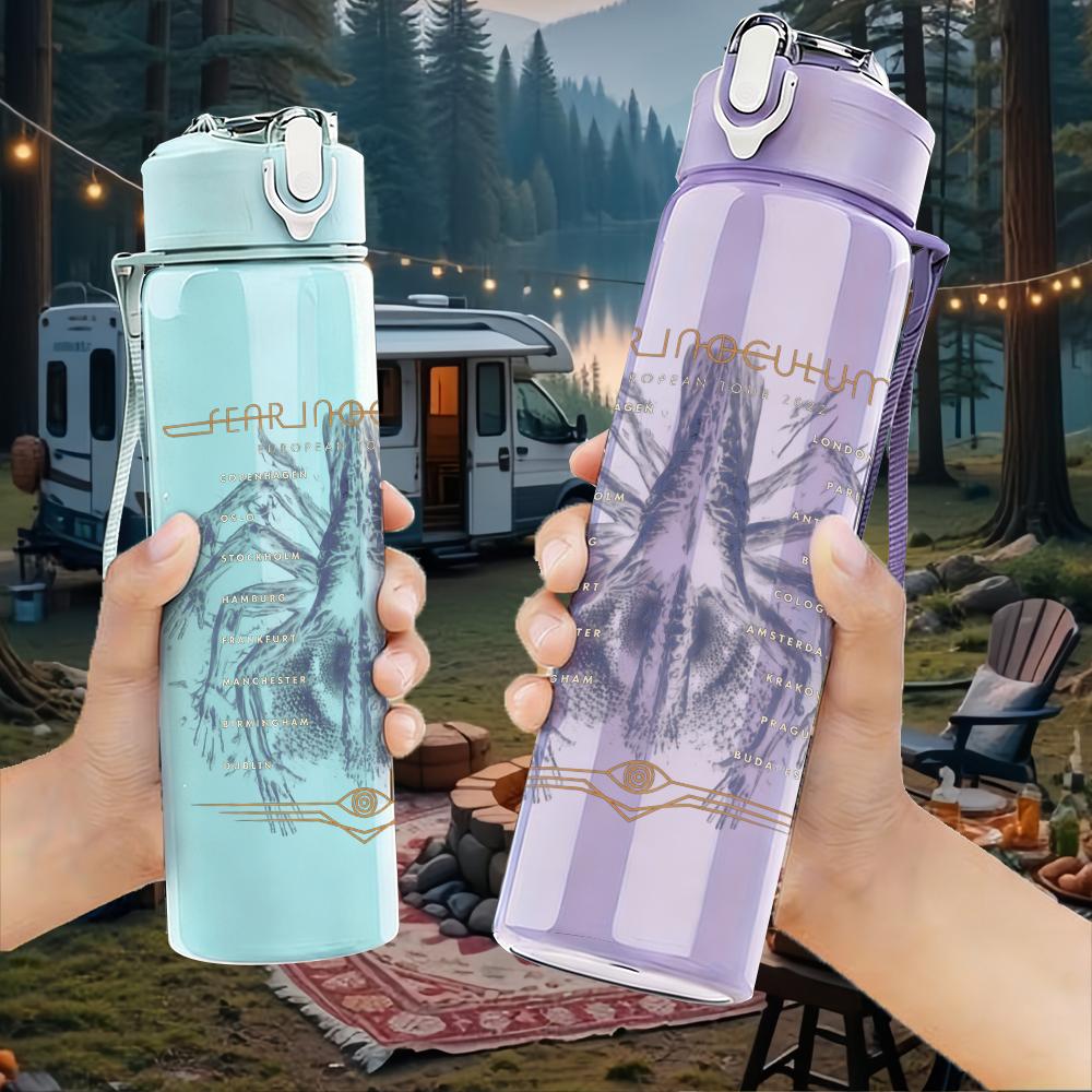 1PC Faint abstract floral sketch print 750ml colorful plastic sports water bottle leakproof pop up lid with straw for outdoor work home use