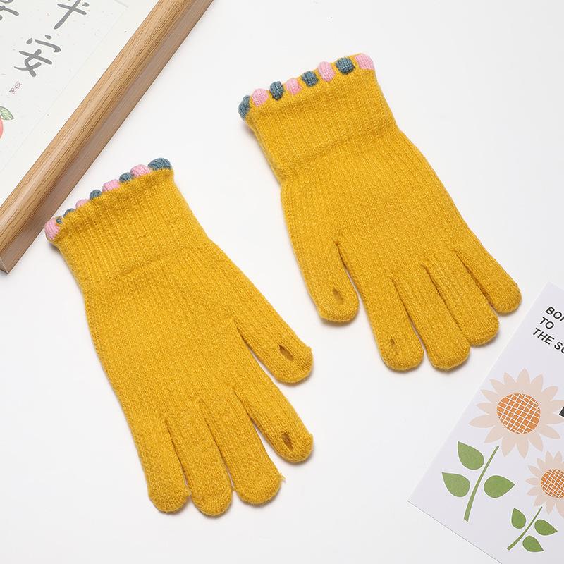 Winter Korean Women Solid Color Touchscreen Warm and Windproof Cycling Finger Candy Bean Knitted Gloves
