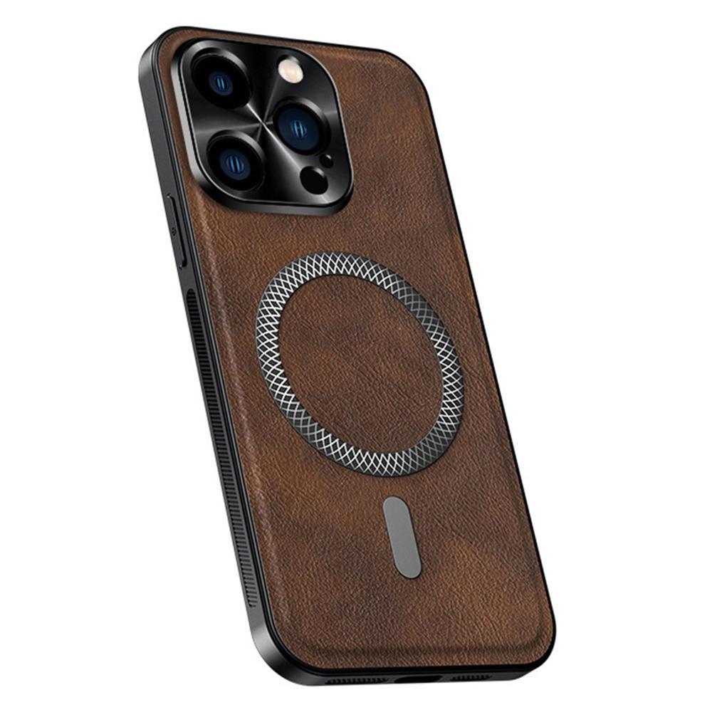 For iPhone 15 Pro Max Case Compatible with MagSafe PU TPU PC Phone Back Cover with Metal Lens Frame