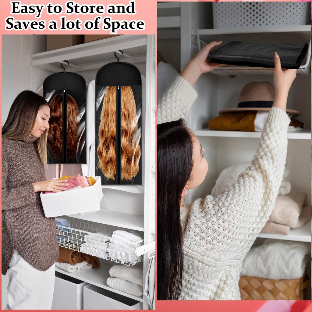 6 Pcs Hair Extensions Storage Bag Hanger Bag Wig Storage Bags With Hook Hanger 23.6 & 31.5 Inch Dustproof Wig Bags Portable Wig