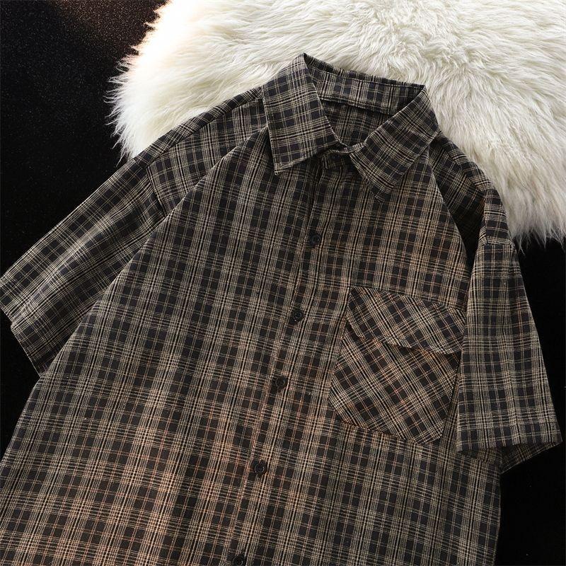 Women's Casual Checkered Shirts Summer New Retro Short Sleeved Clothing Female's Single Breasted Blouses with Pocket