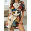 Women's Color Block Cat Print T-Shirt Nightgown