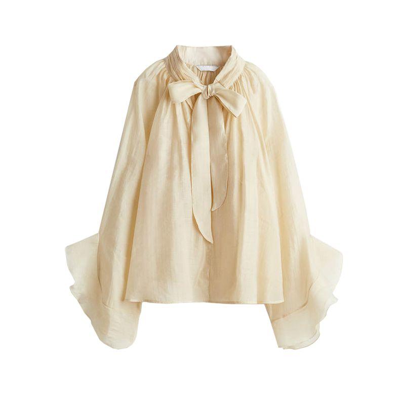 Summer New Product Women's Clothes Gathers Stand Collar Long Sleeves Fashion Casual Neckline Shoelace Sheer Top 1259011