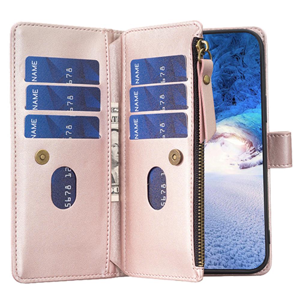 

BF Style-19 For iPhone 15 Pro Zipper Pocket PU Leather Case Wallet Stand Phone Cover Rose Gold