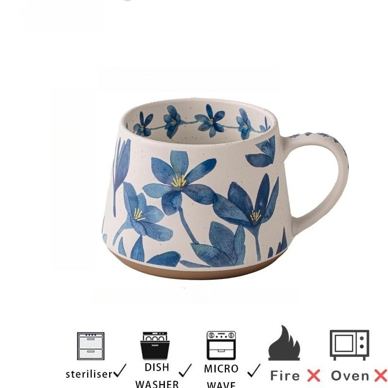 Stor keramisk kaffemugg 360ml, Söt kopp för kvinnor, Idealisk för te eller kaffe, Handmålad blommig design keramikmugg, 1 st