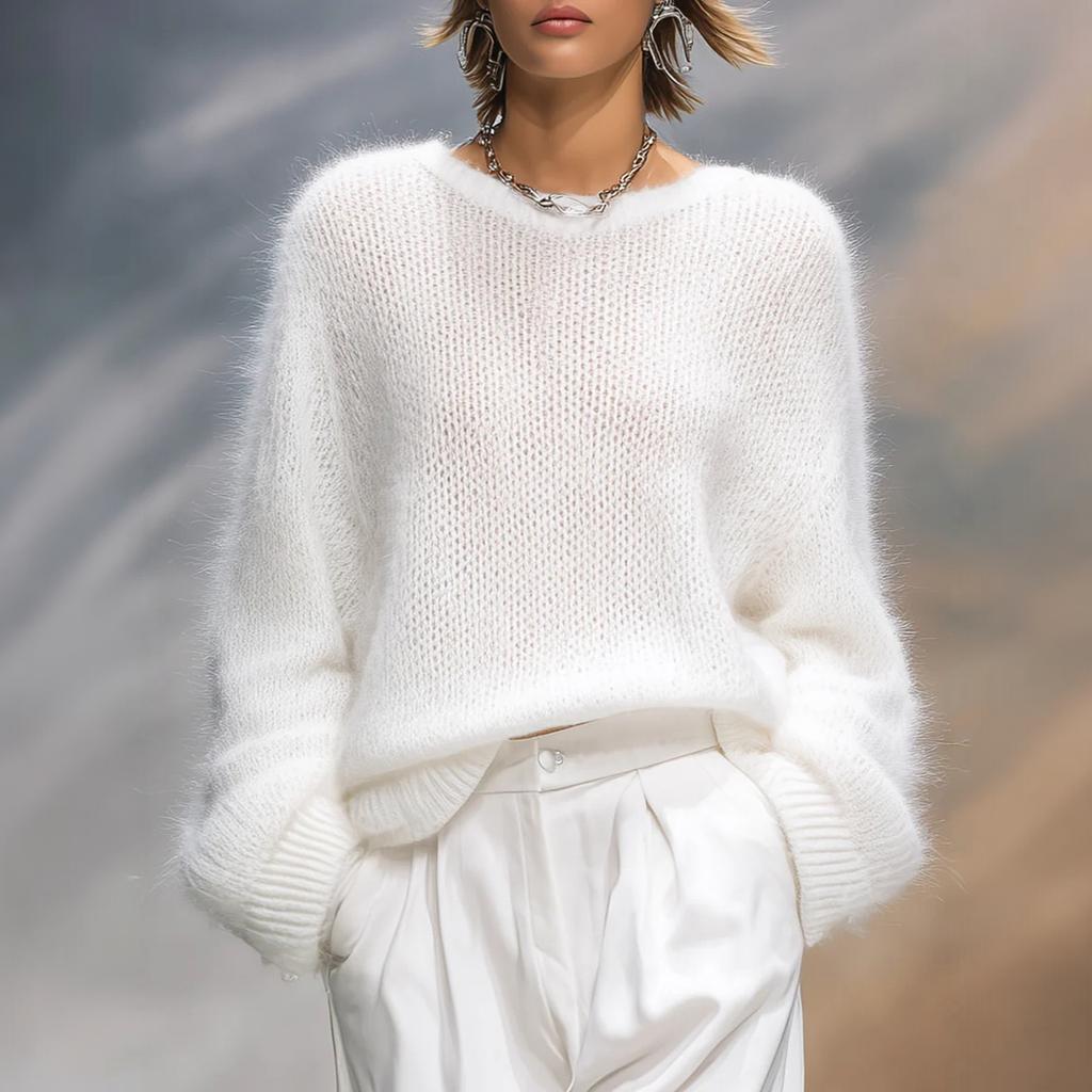 Women's Color Round Neck Loose Fit Pullover Sweater for Fall