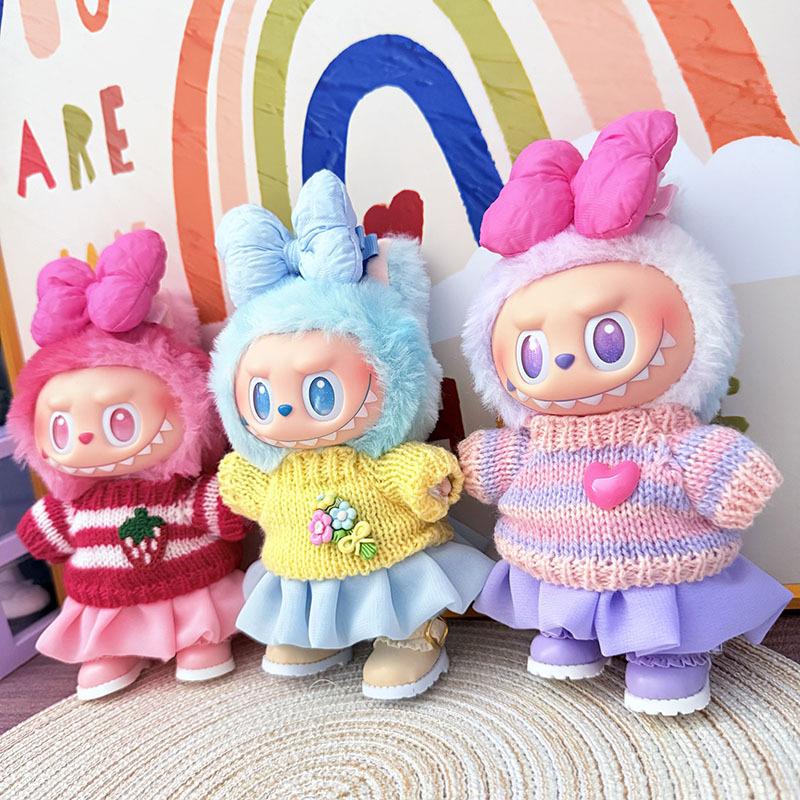 3Pcs/Pack Doll Clothes For Labubu Colorful Sweater Jelly Yarn Skirt Bow Headband I Ii Iii Dolls Fans Gift