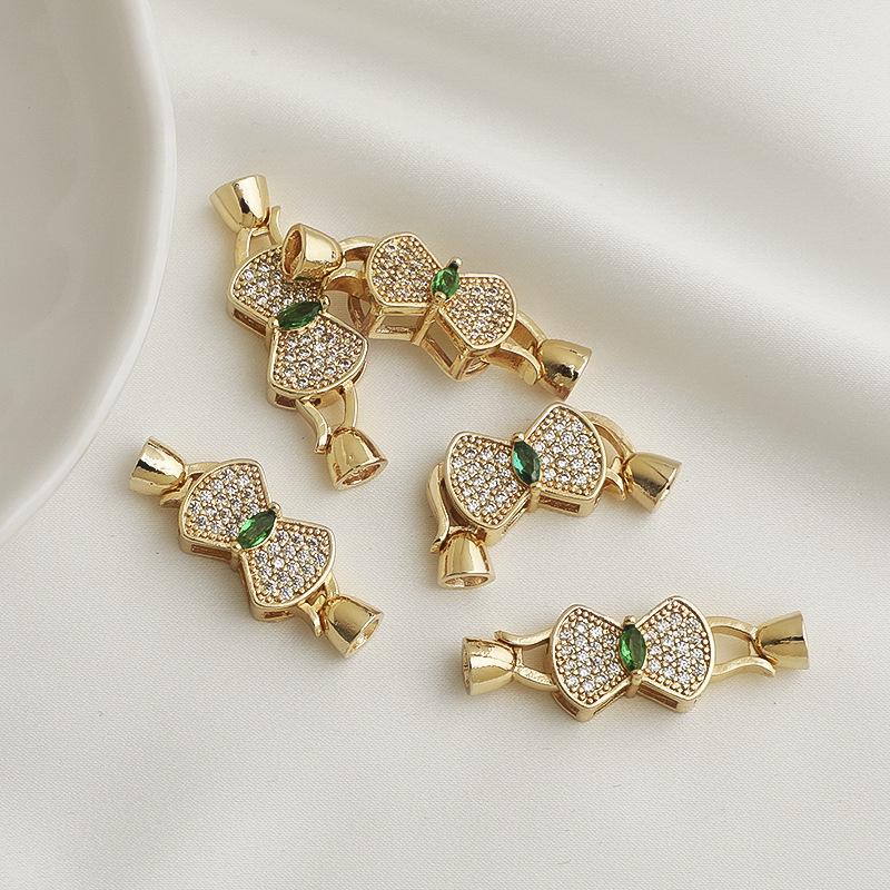 14K Gold-Filled Zircon Bow Connector Clasp with Fan-shaped Pearl for DIY Jewelry Accessories