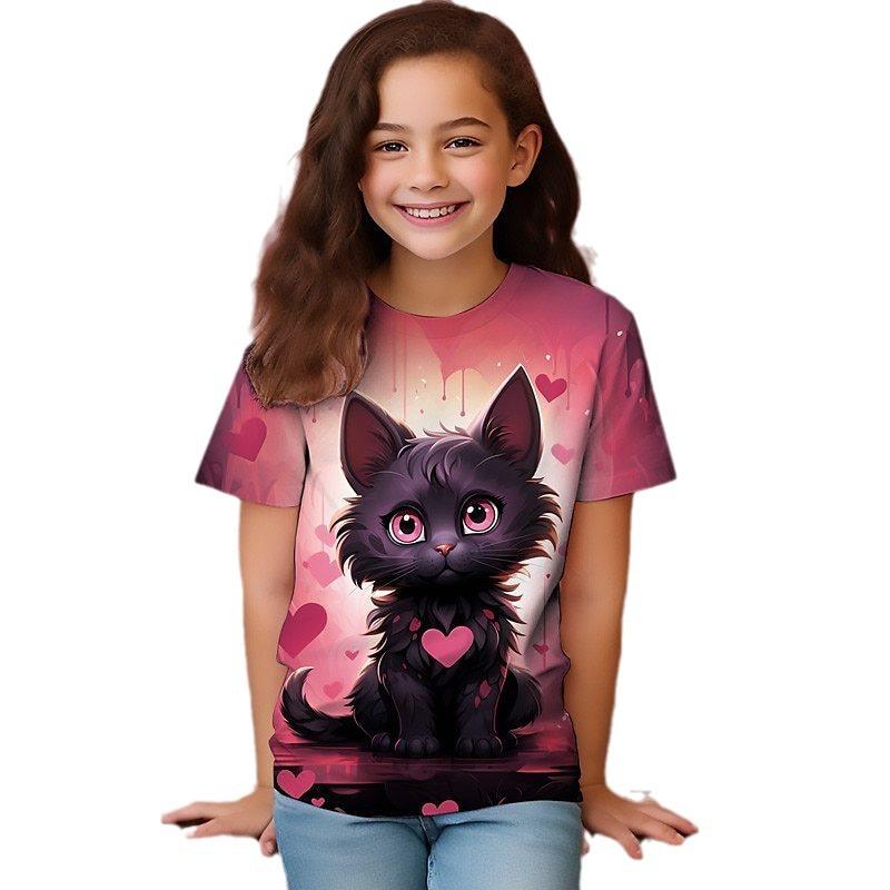 Summer New Cute Cat T-shirt 3-14 Year Old Children's 3D Cartoon Anime Pattern Children's Girls Boys Fashion Short Sleeves