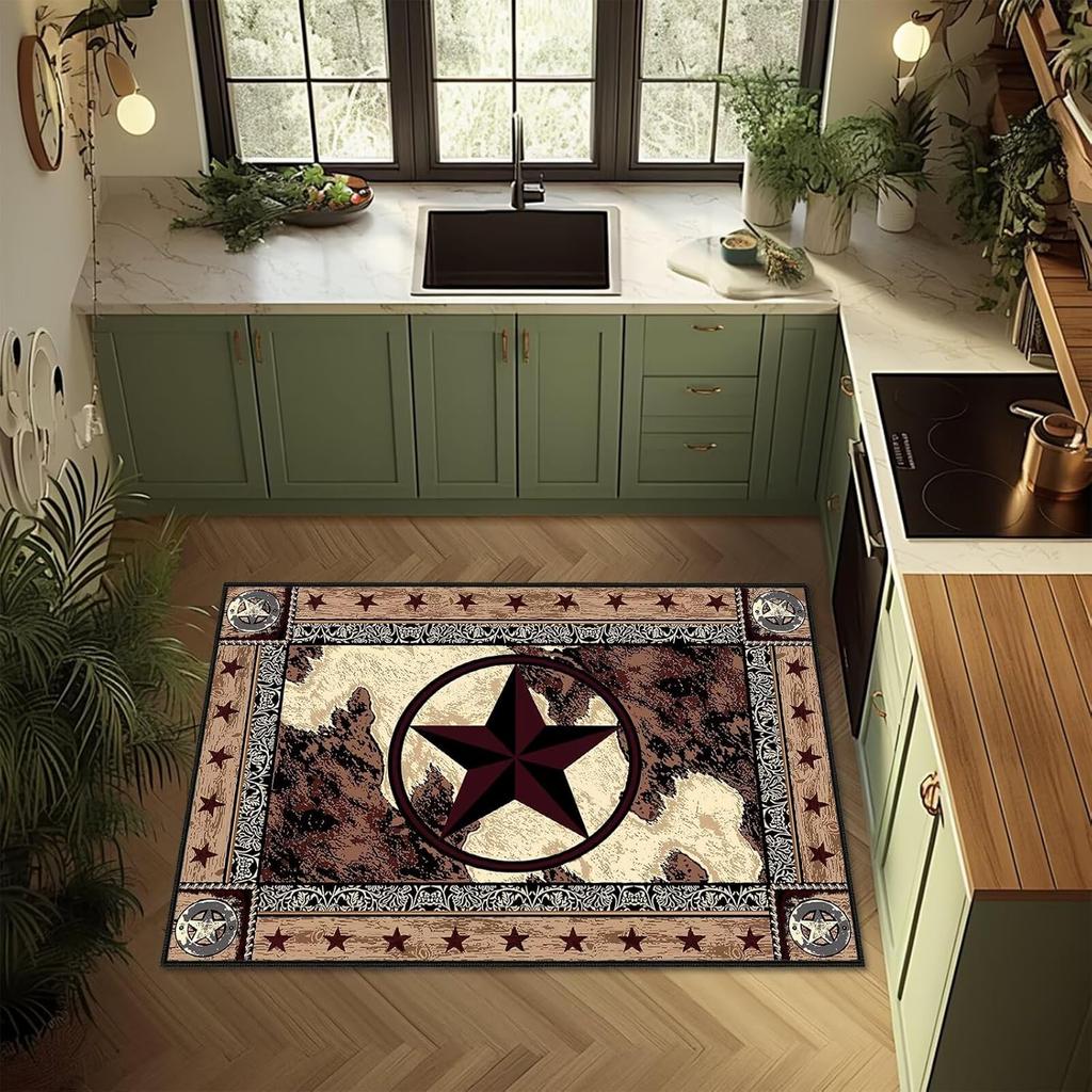 Western Texas Star Print Area Rug, Cowhide & Maroon Star Design Non-Slip Floor Mat for Entryway Living Room Home Decor Carpet