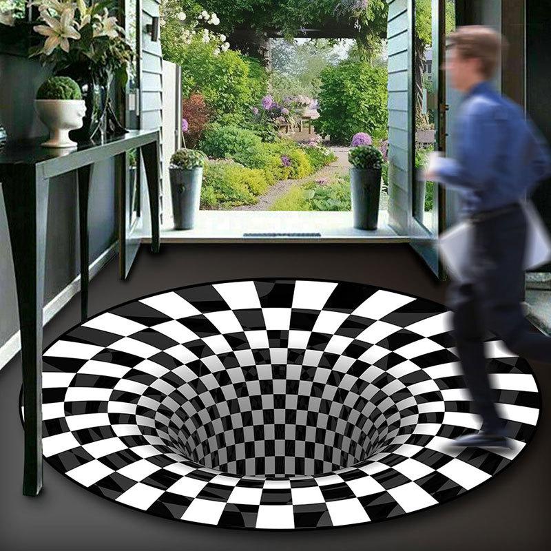 3D Illusion Vortex Carpet: Black & White Grid Round Floor Mat