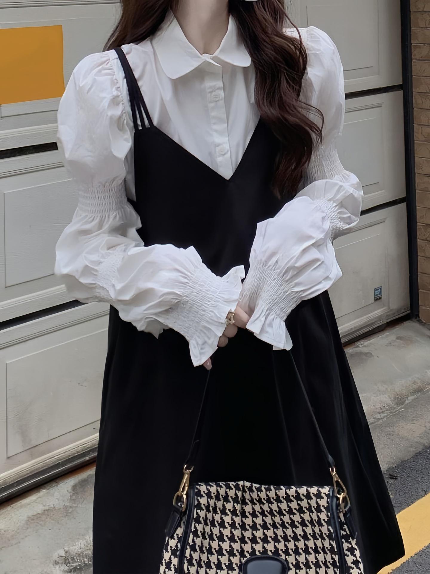 

Европейский и американский женский купальник-двойка: Белая рубашка с длинным рукавом + черное платье на подтяжках S