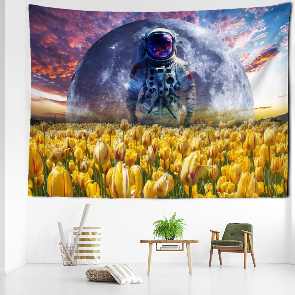 Flower Sea Scenery Astronaut Tapestry Wall Hanging Bohemian Natural Minimalist Art Bedroom Living Room Home Decor