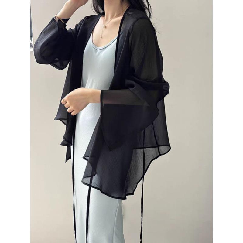 Tencel Chiffon Sonnenschutz-Cardigan Damen Dünne Kleine Jacke Schal Sommer Trägersockelrock Äußere Bluse Tüll-Oberteil
