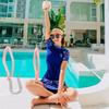 Women's Short-Sleeve Two-Piece Swimsuit: Slimming, Tummy-Covering; Ideal for Swimming, Hot Springs, Beach, or Surfing.