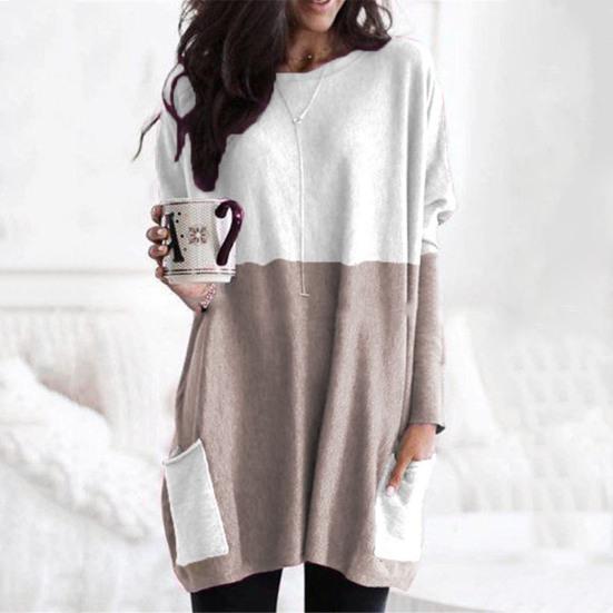 Hauts pour femmes, col rond, manches longues, blocs de couleurs, pulls avec poches, coupe ample, mi-longue, vêtements quotidiens