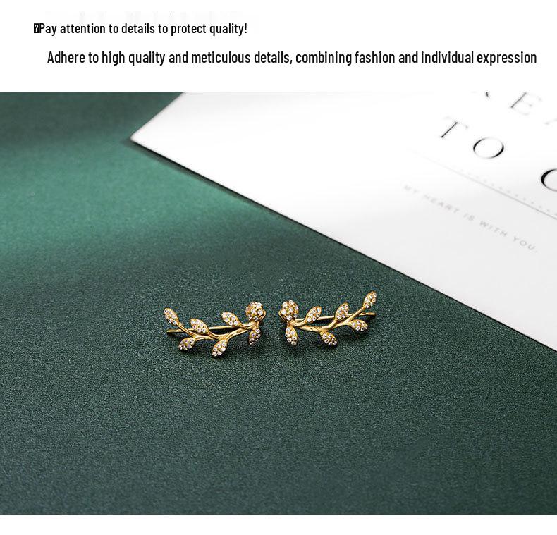 Banyan Tree S925 Silver Olive Branch Leaf Zircon Ear Hooks - Cold Style Summer Earrings for Women