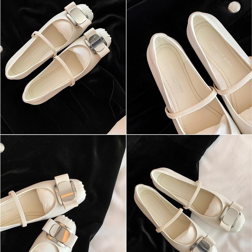 Cowhide Version~ Hepburn Daughter Square Head Bow Thick Heel Mary Jane Shoes Women's Single Shoes Flat Ballet Shoes