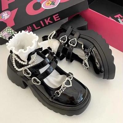 Women Patent Leather Platform Mary Janes Woman Metal Decoration Chunky Heels Pumps