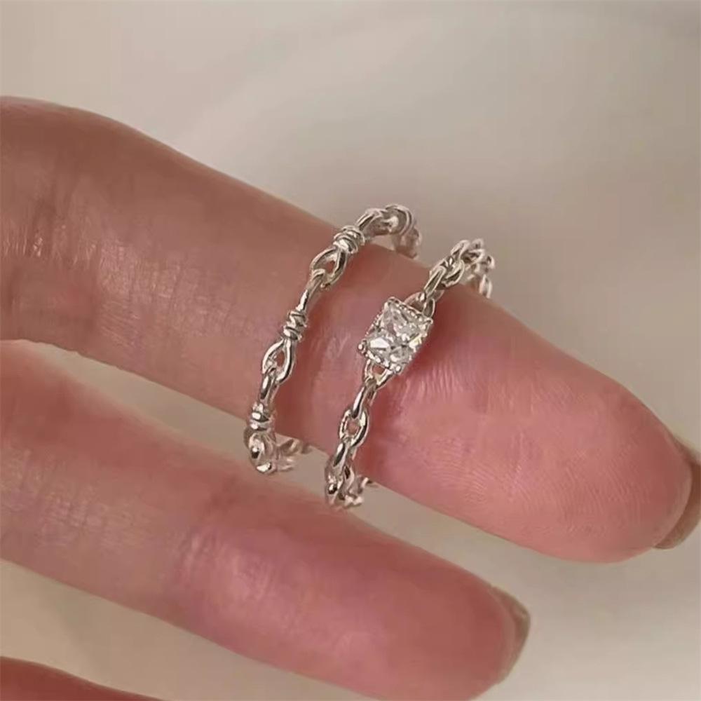 Korean version chain square diamond ring feeling stacked plain ring index finger ring ins wind opening ring