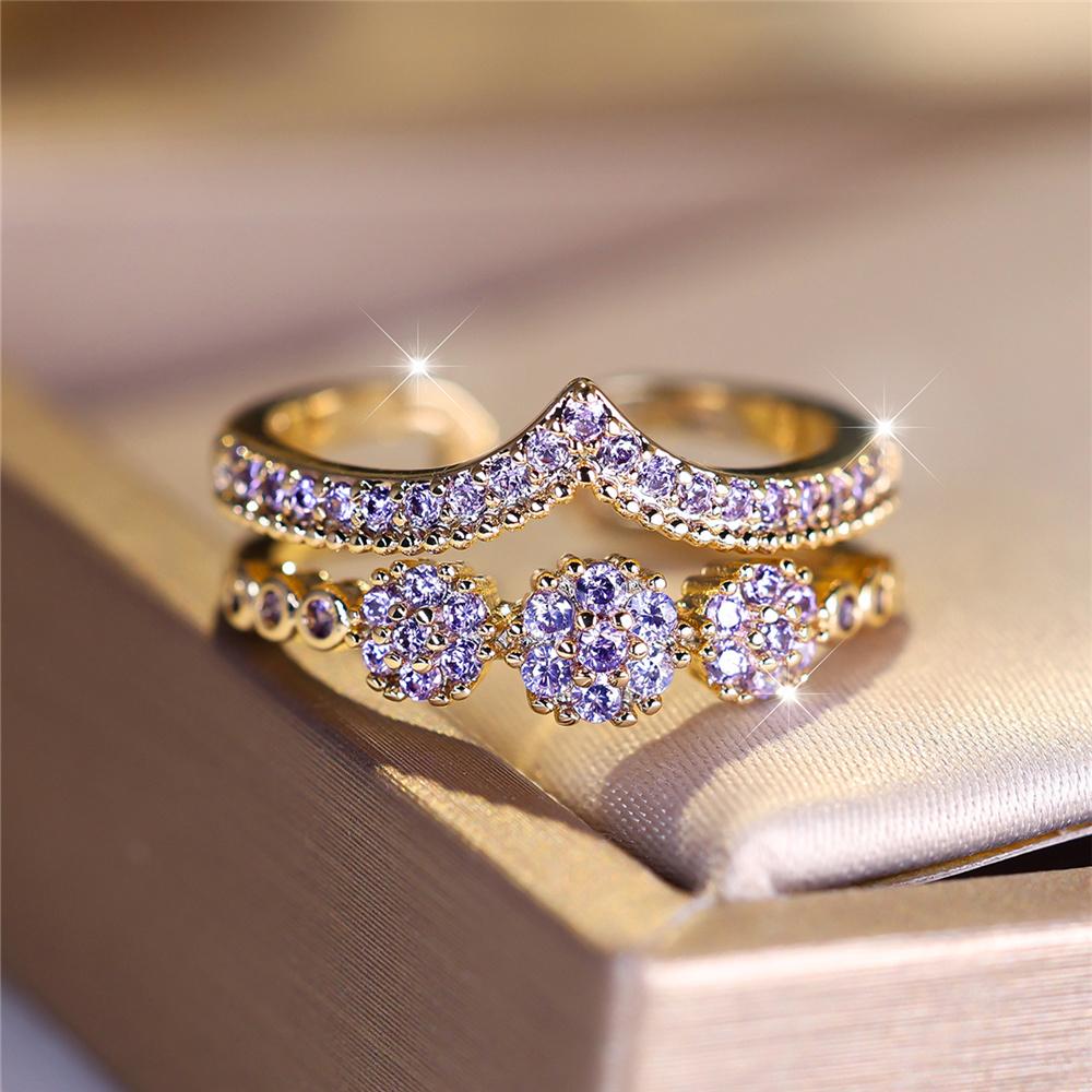 Charm Female Green Purple Blue Zircon Stone Open Adjustable Ring Vintage Gold Color Wedding Jewelry For Women