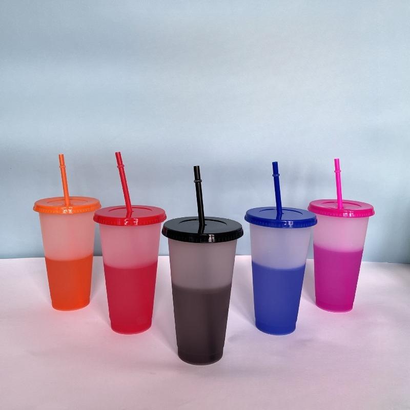 Hot 710ML PP Temperature Sensitive Color Changing Plastic Cup 24oz Large Capacity Water Cup Single-layer Transparent Straw Cup