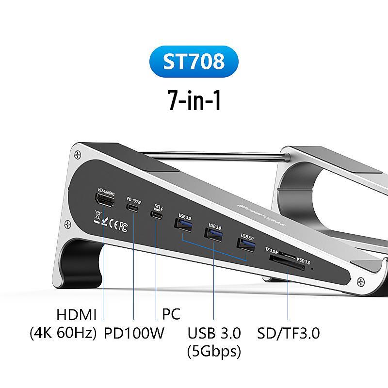 Aluminum Alloy Laptop Docking Station Stand with Heat Dissipation - 7-in-1 Computer Holder.