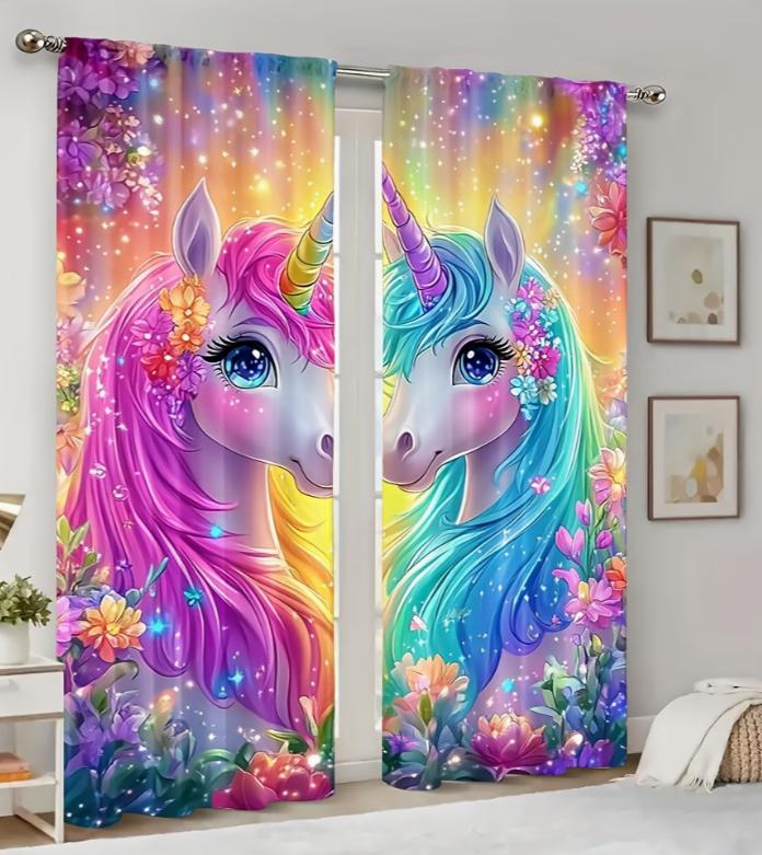 2pcs Polyester Magical Unicorn Floral Curtain Set Vibrant Rainbow Privacy Drapes, Rod Pocket Design Bedroom Living Room Office