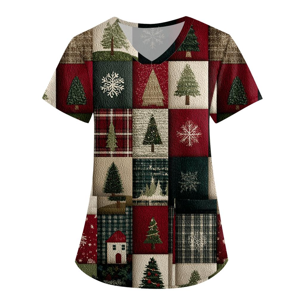 Women's Printing Uniform Work Uniform V-neck Pockets Basic Short Sleeve Pullover Top