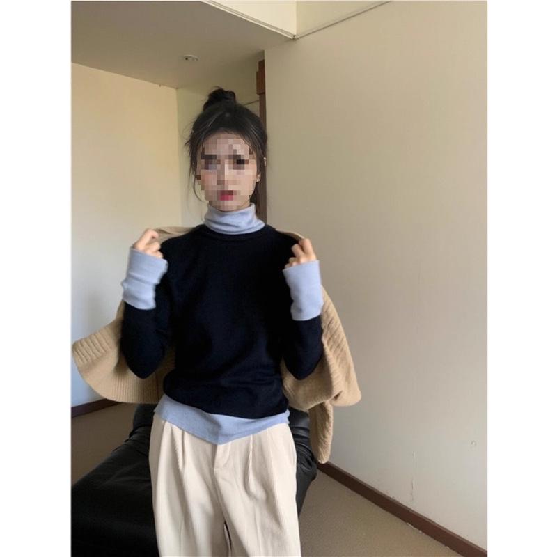 

Женская футболка с высоким воротником, сложенная, многослойная, с длинным рукавом - мягкая базовая вещь в корейском стиле для осени/зимы M