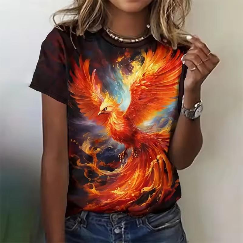 Summer Round Neck 3D Phoenix Pattern Print Top Fashionable Casual Short Sleeved Women's T-shirts