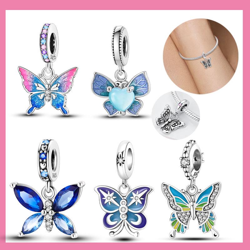 Exquisite Copper Blue Series Butterfly Beads Pendant Fit Bangle Charms Bracelet Diy Women Original Jewelry Gifts