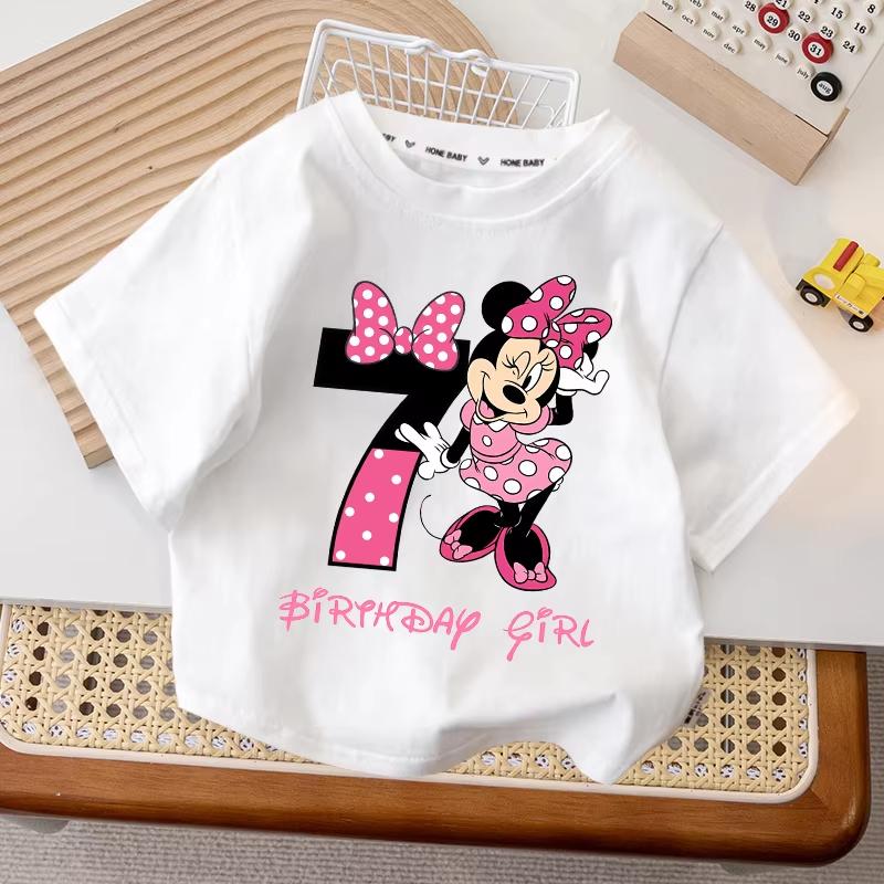 Tričko k narozeninám s Minnie Mouse Číslo Roztomilý Kreslený Dívčí Párty Oblečení Batolecí Vrchní Díly Letní Bavlněná Trička s Krátkým Rukávem Dětské Dárky